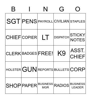 POLICE/CLERICAL BINGO Card