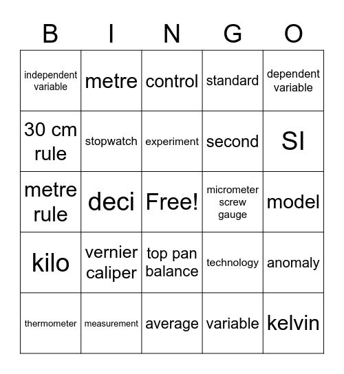 Physics & Measurement Bingo Card