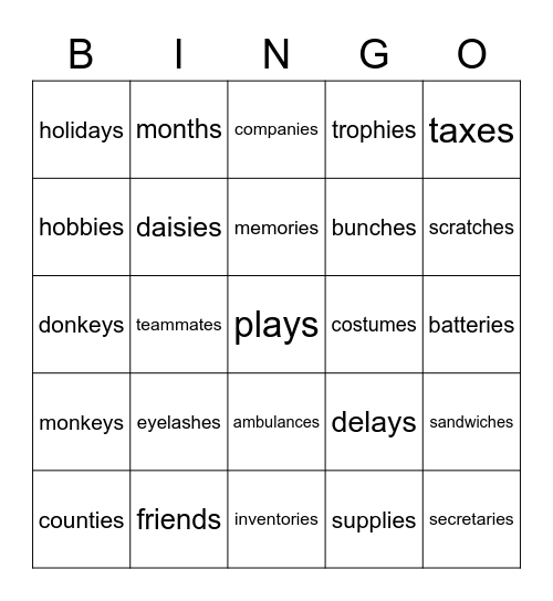 Vocabulary Review Bingo Card