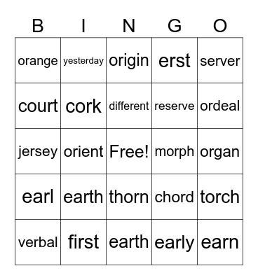 /er/ and /or/ words Bingo Card
