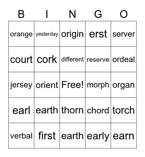 /er/ and /or/ words Bingo Card
