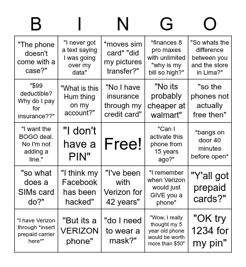 S*** Customers Say Bingo Card