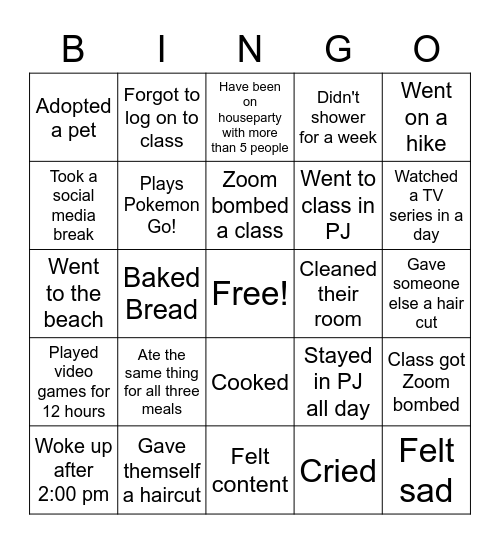 Pandemic Bingo Card