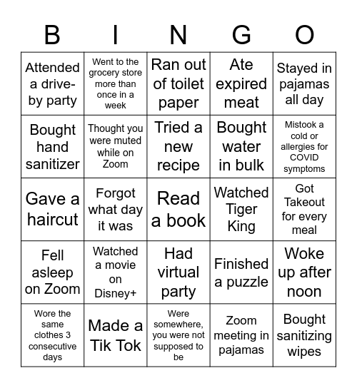 Quartine Bingo Card