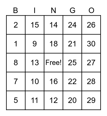 Los Numeros del 1-30 Bingo Card