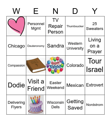 Wendy's Life Bingo Card