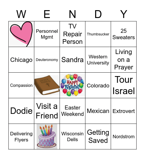 Wendy's Life Bingo Card