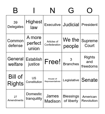 Constitution Day Bingo Card