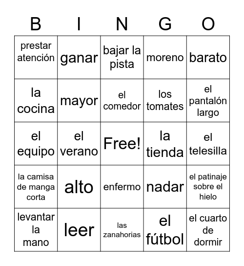 Repaso - Spanish 2 Vocabulary Bingo Card
