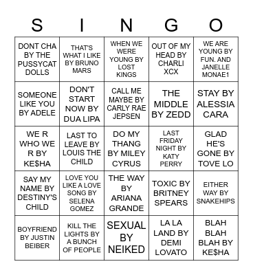 POP SINGO Bingo Card