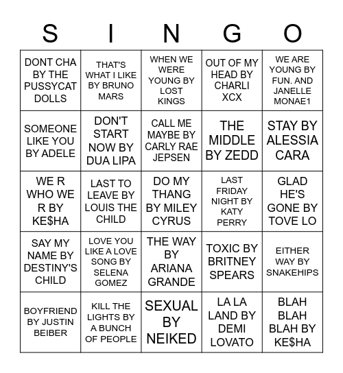 POP SINGO Bingo Card