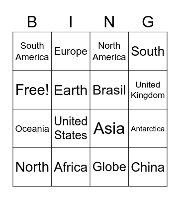 Continents Bingo Card