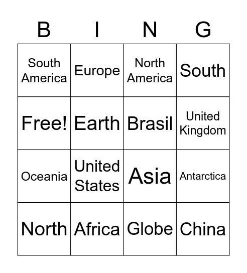 Continents Bingo Card