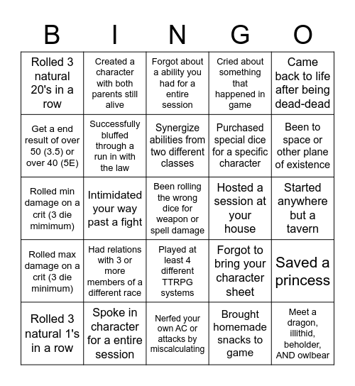 Dungeons and Dragons Bingo Card