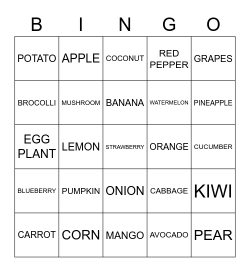 G3/4 FRUIT AND VEGETABLE - BINGO Card