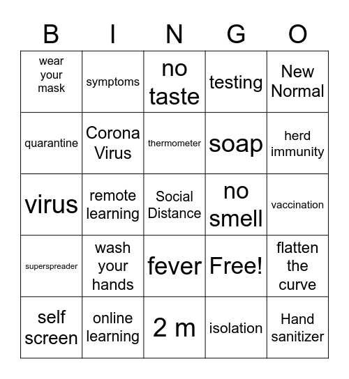 Back to School COVID-19 Bingo Card