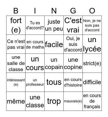 Les cours et les profs Bingo Card