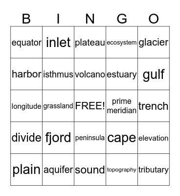 Geography Vocabulary Bingo Card