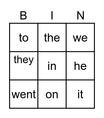 Sight Words Bingo Card