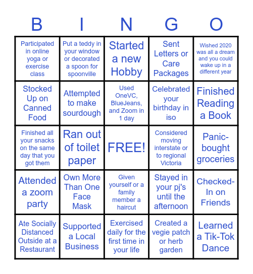 Adventures in Social Distancing Bingo Card