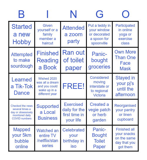 Adventures in Social Distancing Bingo Card