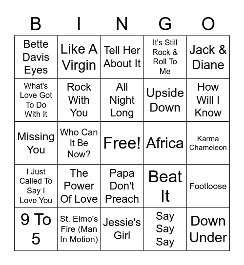 80's #1's Bingo Card