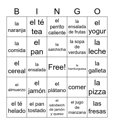 la comida Bingo Card