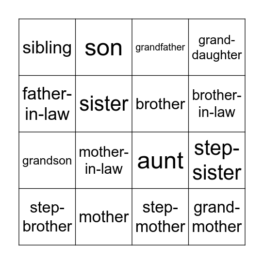 Family Vocabulary Bingo Card