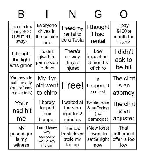 Claims Bingo Card