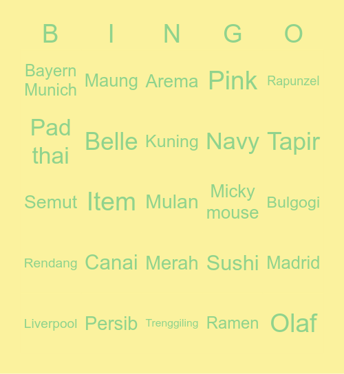 Yayas Bingo Card