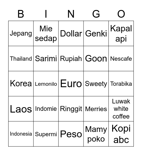 Punya Garini Bingo Card