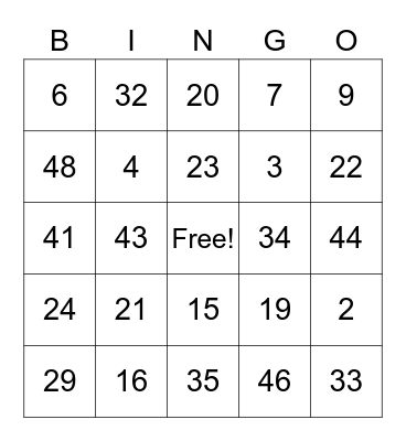Number Bingo Card