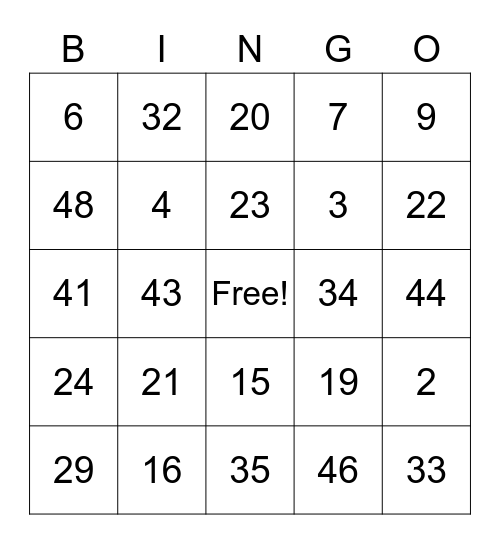 Number Bingo Card