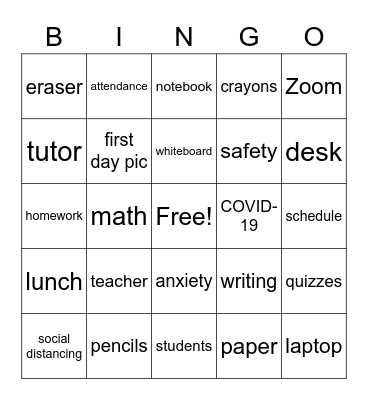 Back to School 2020 Bingo Card