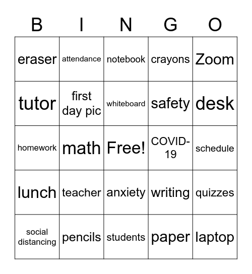 Back to School 2020 Bingo Card