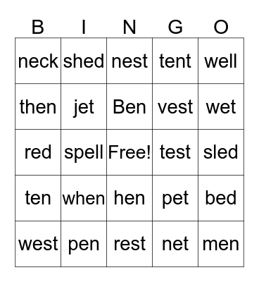 Short /e/ Vowel Sound  Bingo Card
