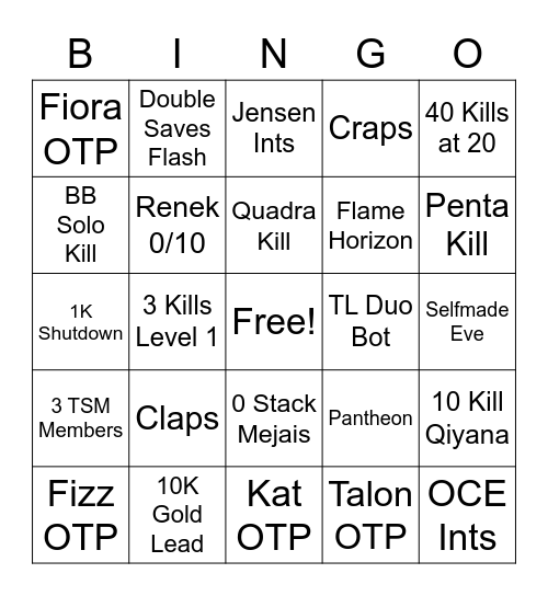 Chinese Super Server Bingo Card