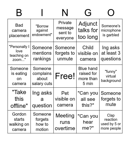 Faculty Meeting Bingo Card