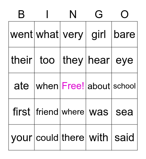 Sight Word Bingo Card