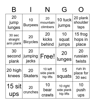 Fitness Bingo Card