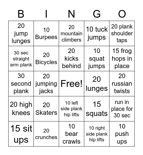 Fitness Bingo Card