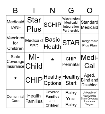Medicaid Bingo Card