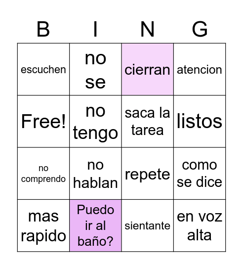 Los mandatos de la clase Bingo Card