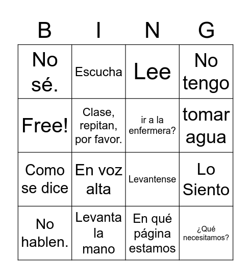 Los Mandatos de la clase Bingo Card