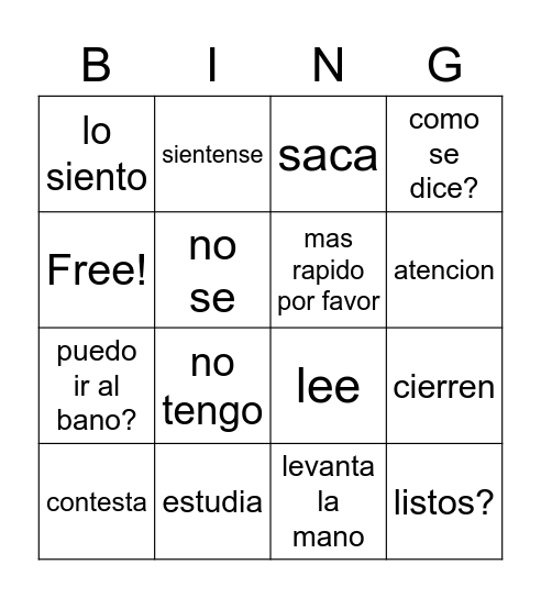 los mandatos de la clase Bingo Card