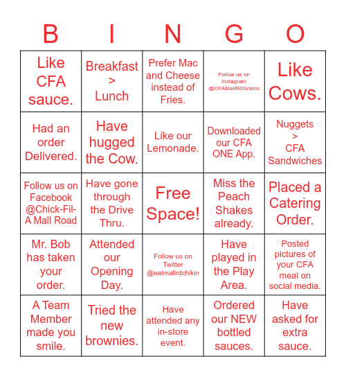 CFA Mall Rd. BINGO Card