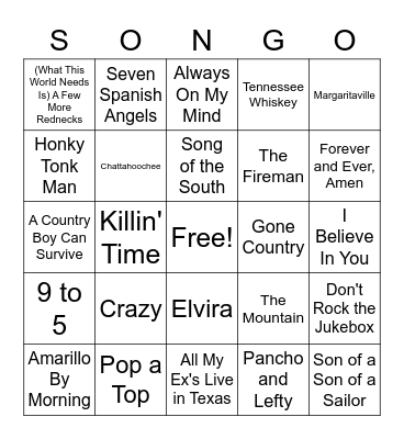 80s Country Bingo Card