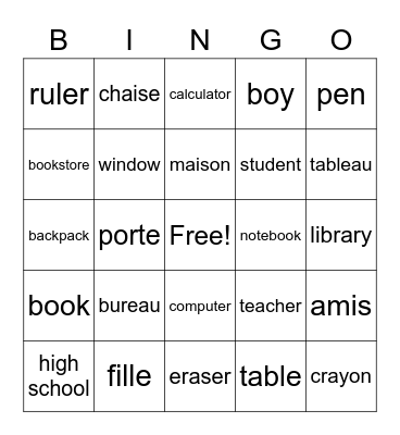 LES OBJETS DE LA CLASSE Bingo Card