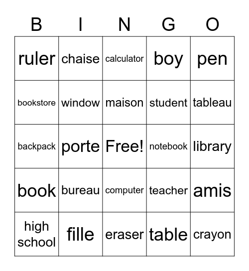 LES OBJETS DE LA CLASSE Bingo Card