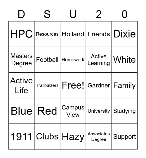 DSU Family Week(end) 2020 Bingo Card
